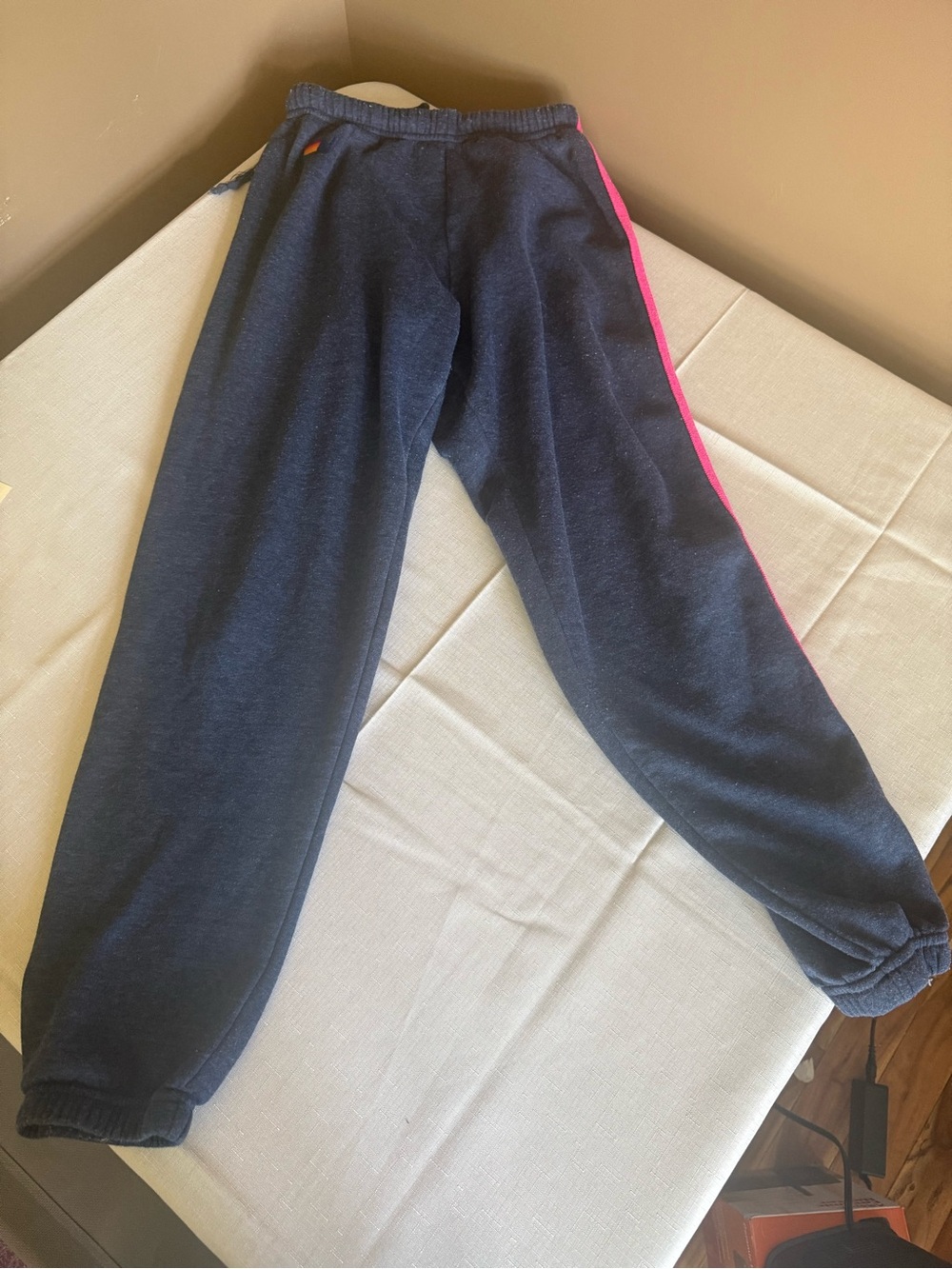 Aviator Nation Dark Navy Joggers with Neon Pink, Orange & Yellow Stripes - Picture 6 of 7